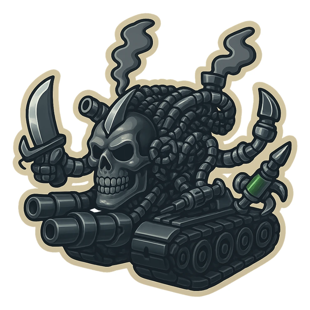 Edit the image to depict a skull robot tank with 4 distinct appendages, each holding a different weapon: an industrial blade, a blaster, a syringe, and a claw. The tank's metal should be black, while the skull face and arms are grey. Maintain compact proportions, clear mechanical detail, and a clean outline in retro stickers style with a transparent background. sticker