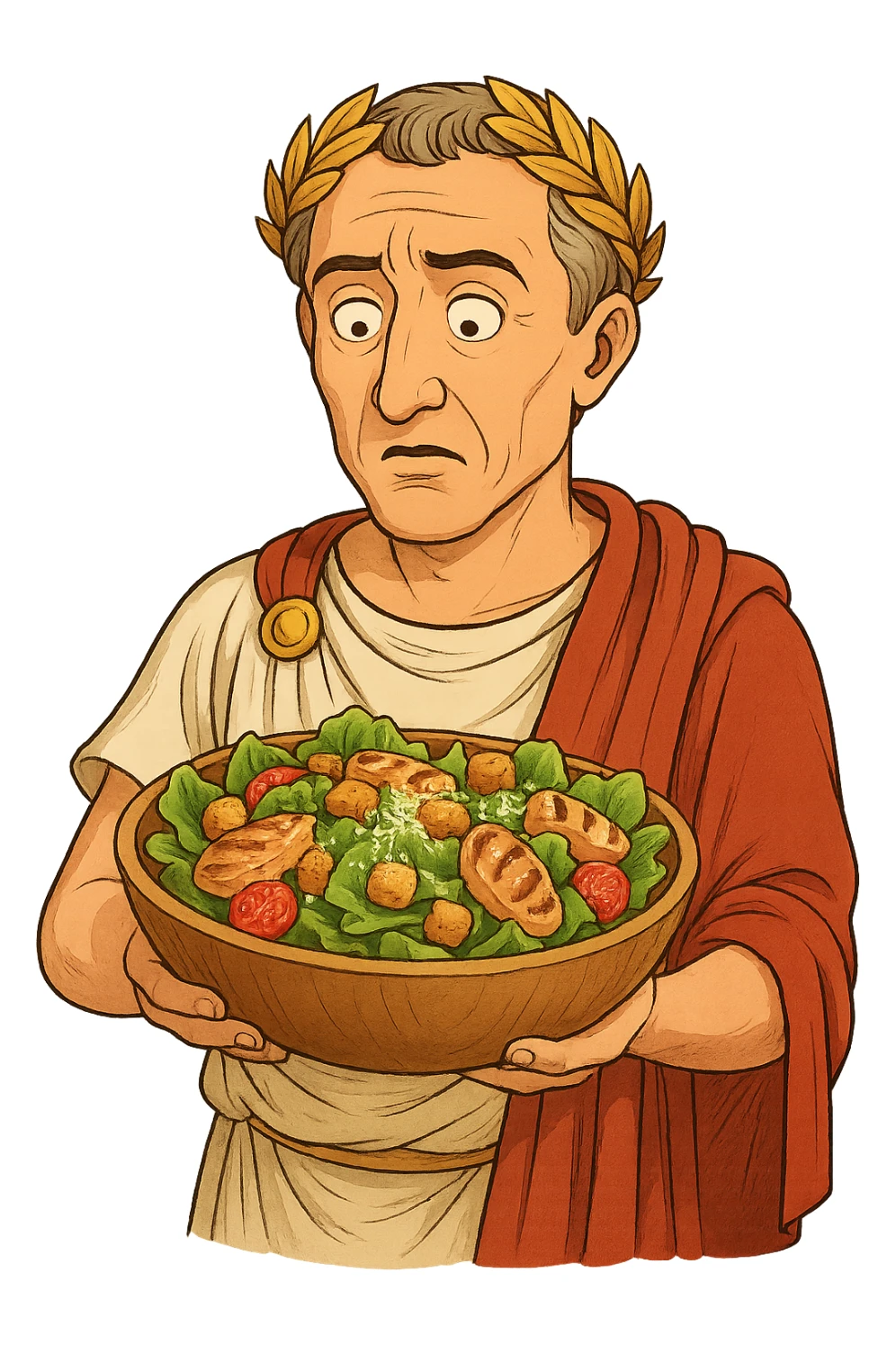 Используя такую стилистику сгенерируй Императора Цезаря, который задумчиво и удивленно держит в руках тарелку с салатом Цезарь, прозрачный фон sticker