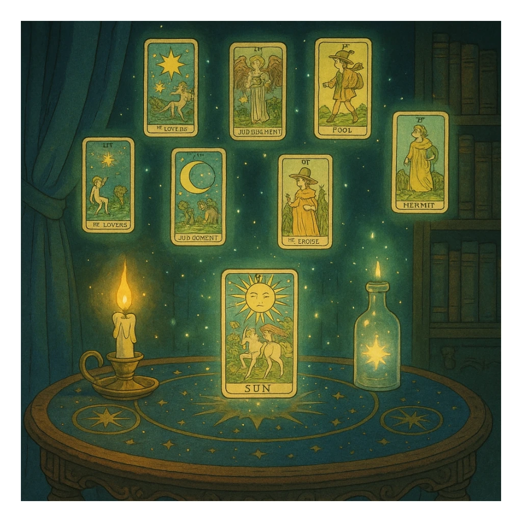 magical tarot table with floating cards and ethereal lighting sticker