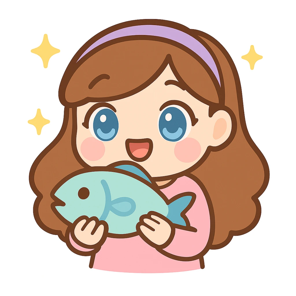 Make the girl more chibi style, give her blue eyes, and make her look slightly older (not too young), keep her holding a fish, digital art, kawaii style, twitch emote. sticker