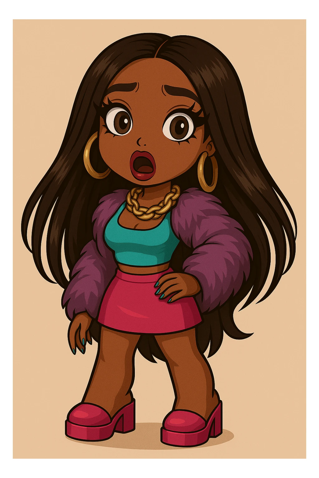 Remove any tears or crying, keep her shocked expression. Depict a 20-year-old anime Bratz style woman with dark skin, dark hair, glamorous evening wear, big expressive eyes, and glossy lips. sticker