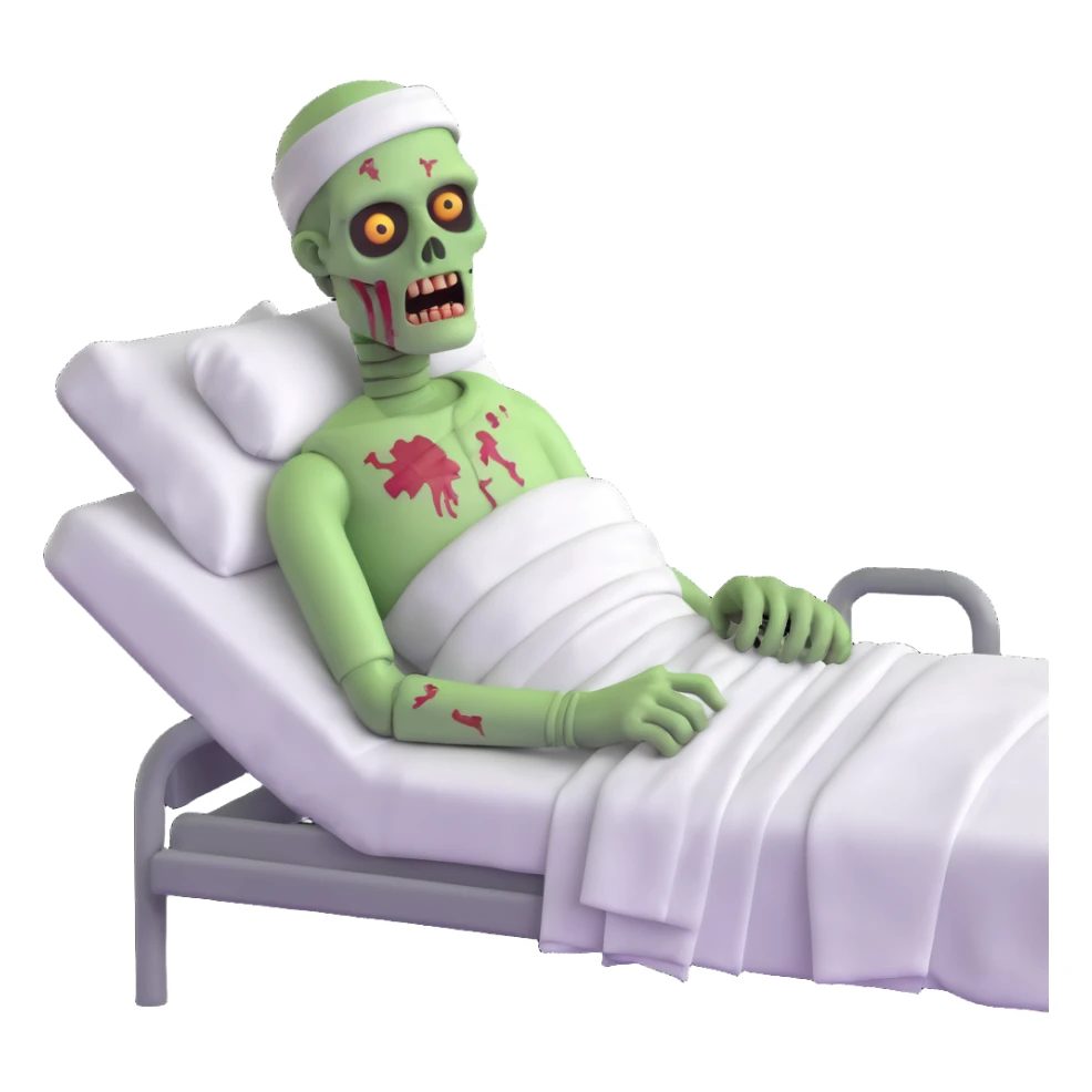 zombie patient in hospital bed with bandages sticker