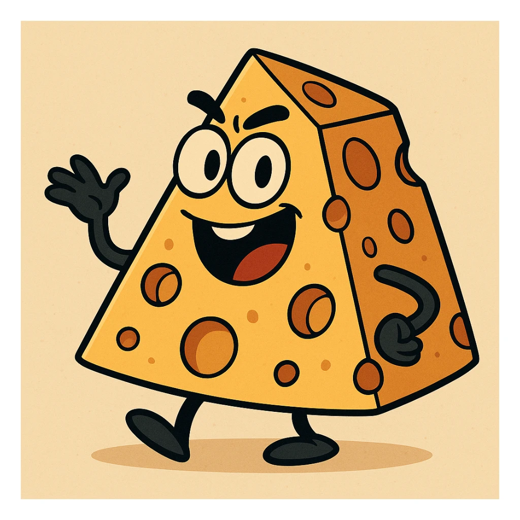 a cartoon cheese wedge with holes, vibrant colors, playful style sticker