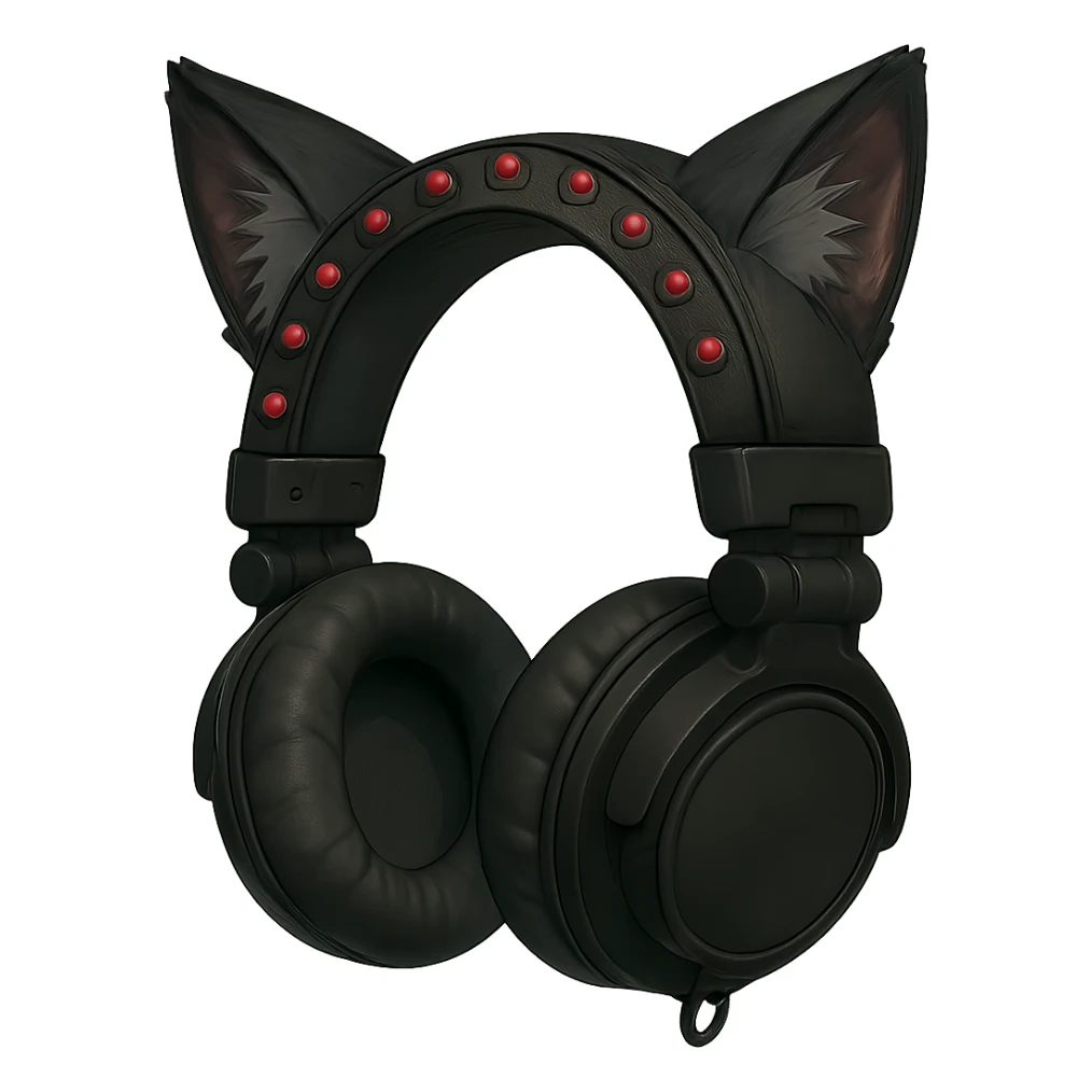 Add cat ears to the goth headphones in a realistic anime style. Keep the background transparent. sticker
