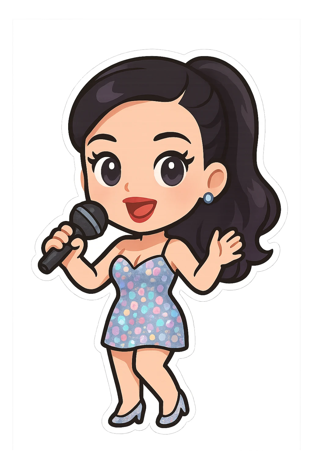 Katy Perry as an emoji, with a microphone, glamorous pop star outfit, no text sticker