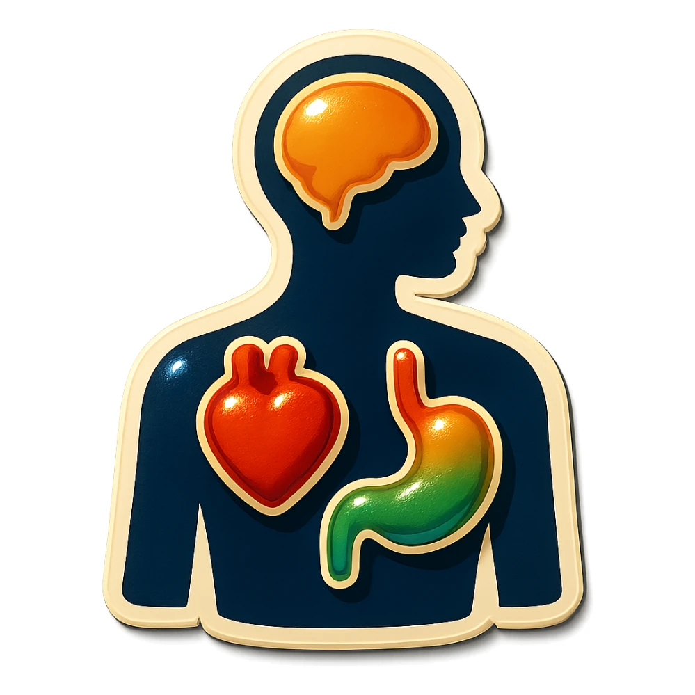 human silhouette with highlighted organs heart stomach head, clear outlines, strong shadows and highlights, psychosomatics and psychology theme, fun and not too complex sticker