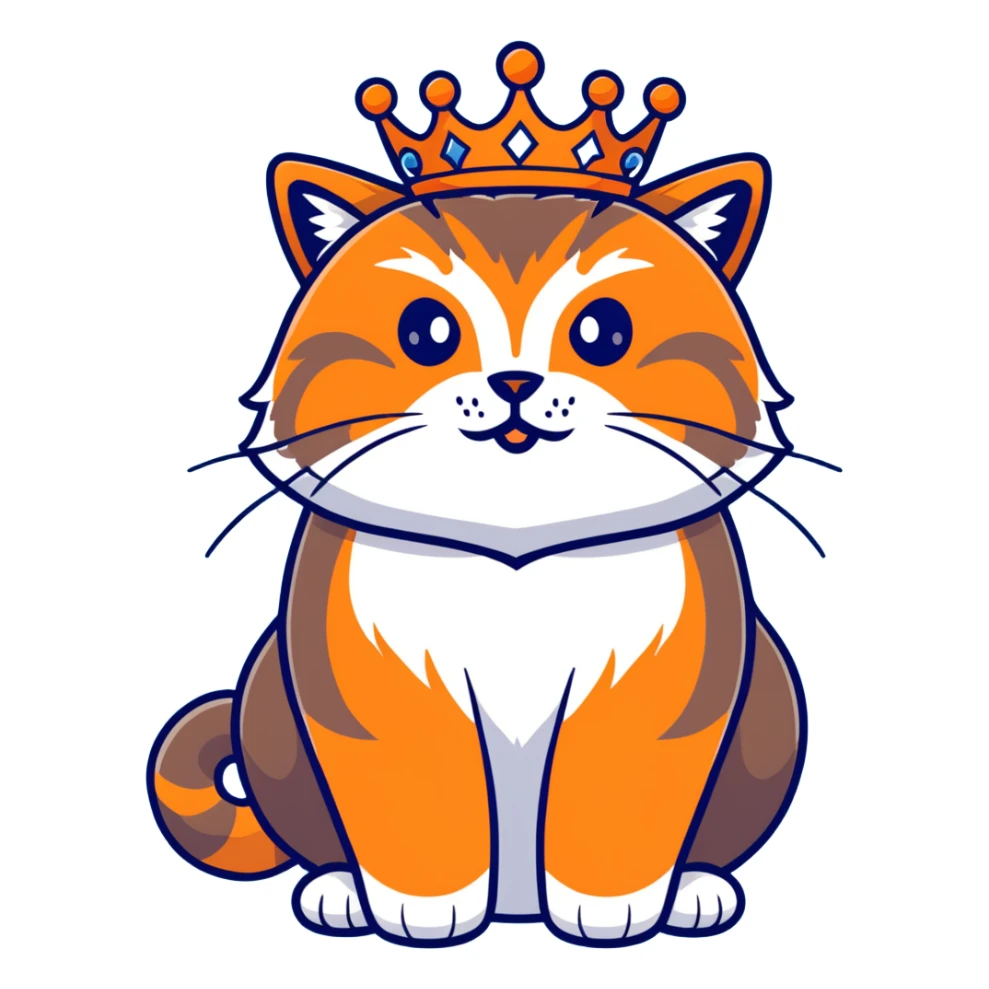 A cartoonish brown-orange Pallas's cat (Manul) with a crown sticker