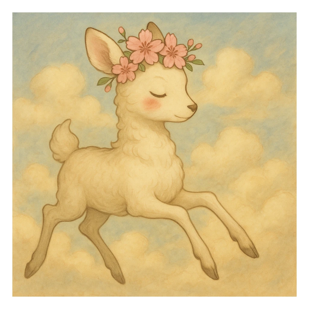 Create another variation of a feminine adult vanilla cloud doe with rosy cheeks and cherry flowers, floating gracefully, in Ghibli style. This is for brand identity and social media use. sticker
