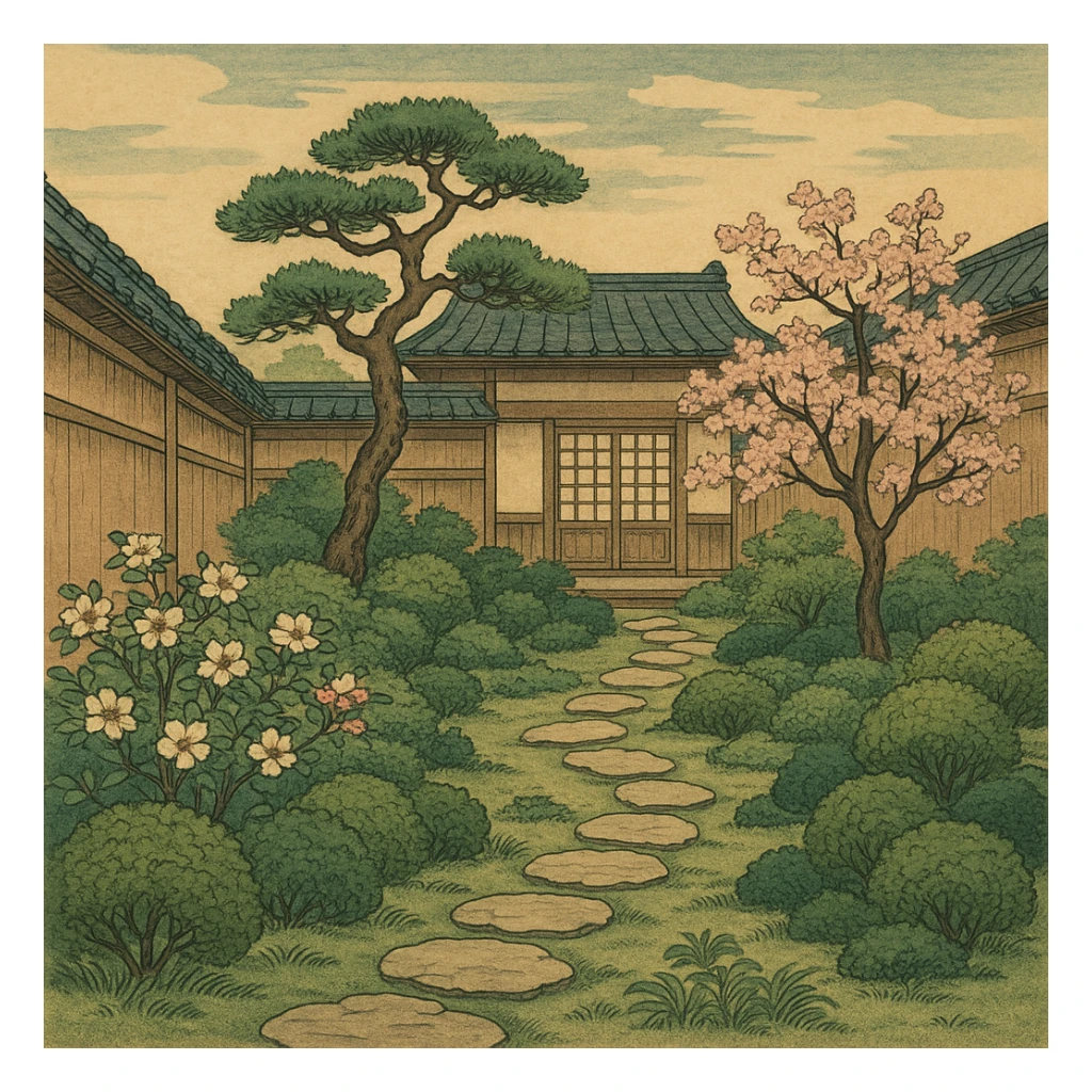 ukiyo-e style walled garden, Japanese woodblock inspiration sticker