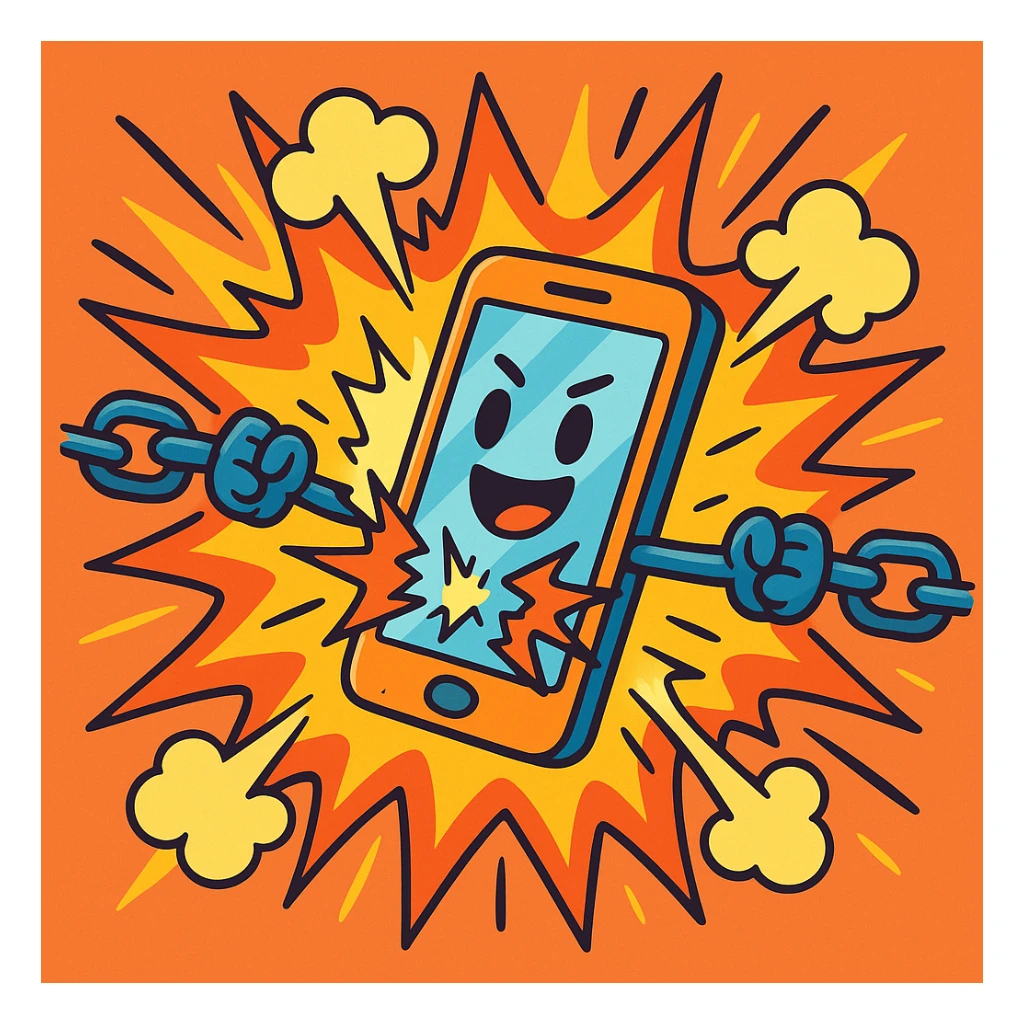 a vibrant cartoon style image combining a mobile phone breaking a chain with explosion effect sticker