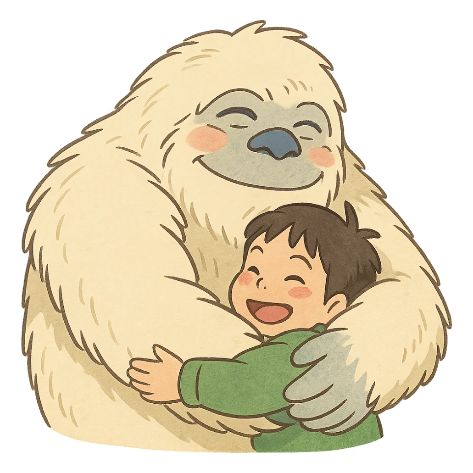 abominable snowman giving a hug, suitable for YouTube emoji, ghibli style sticker