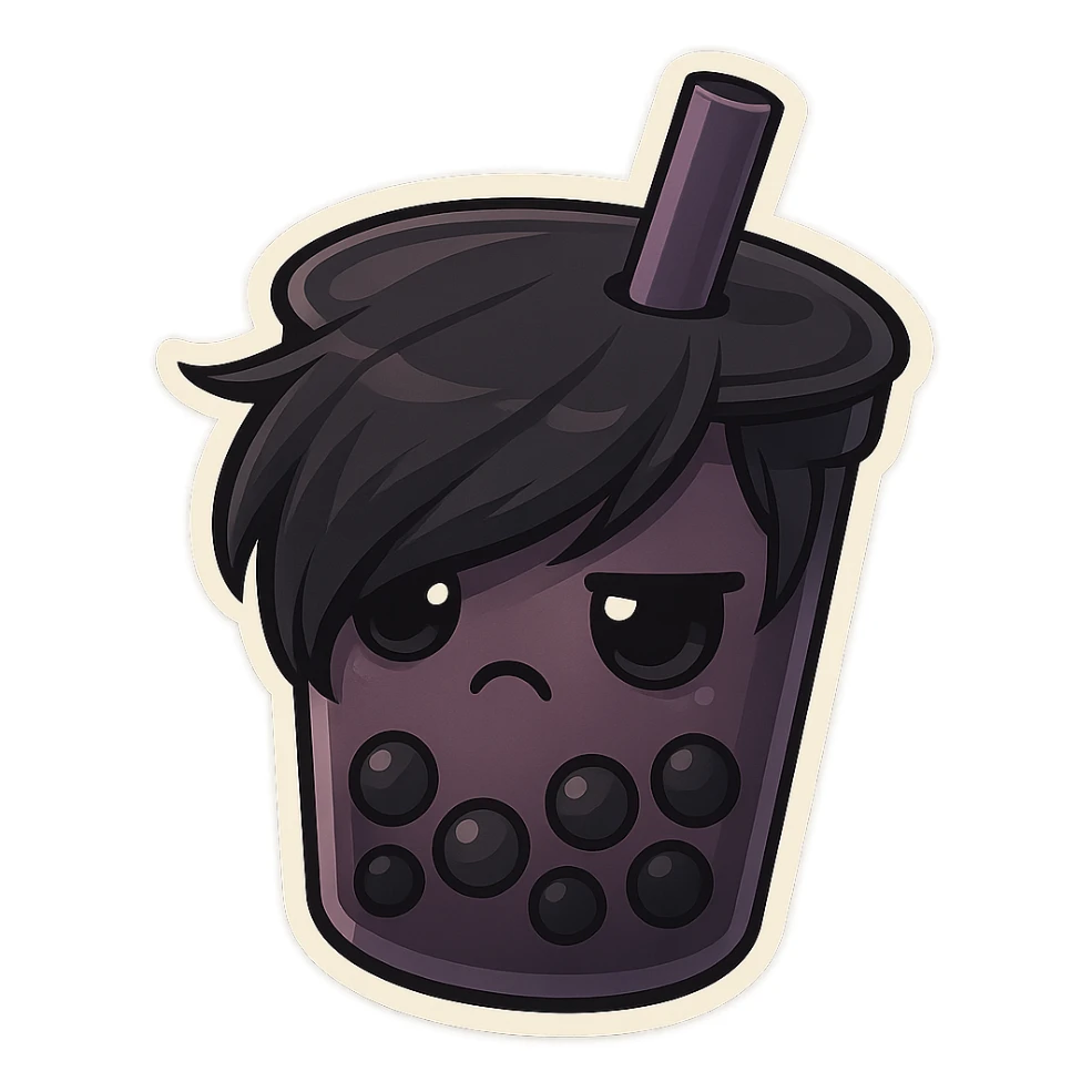 chibi sticker-style bubble tea with an emo vibe, dark colors, side-swept bangs, cute and exaggerated sticker