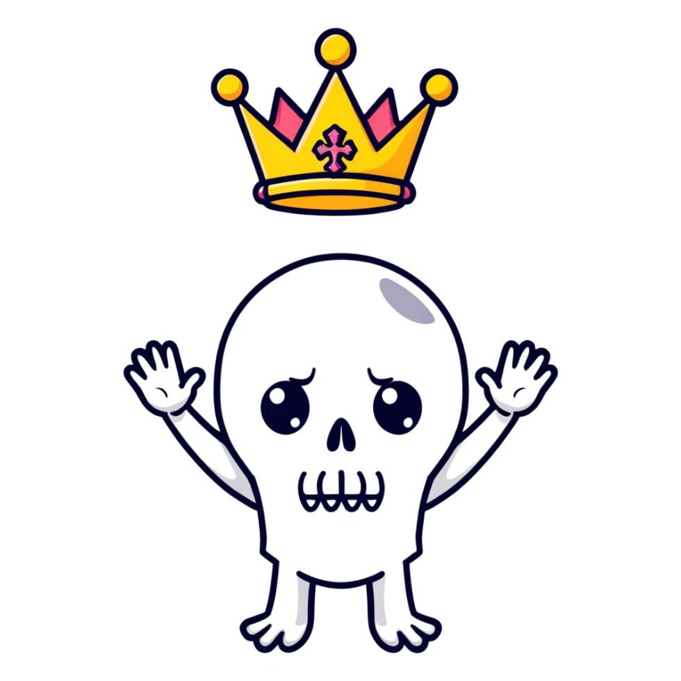 A shocked skull with a crown on top, both hands raised pressing on its head in disbelief, black and white sticker