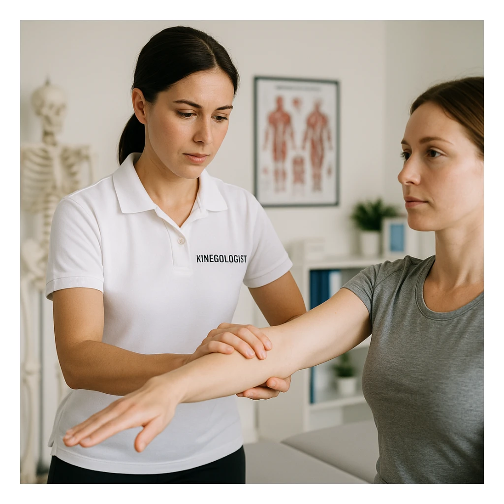 realistic image of a kinesiologist performing a manual muscle test on a patient in a professional environment with clinical details and evaluation posture sticker