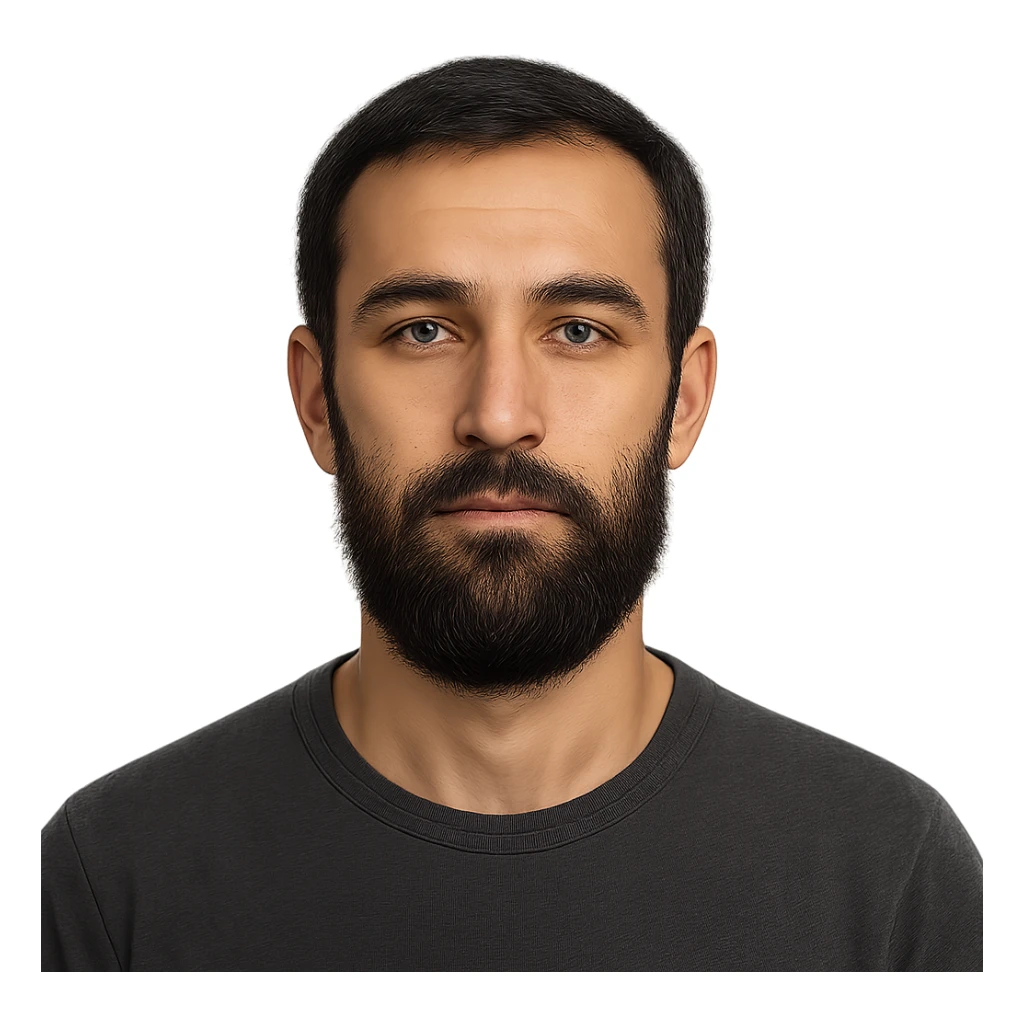 A Tajik man with a slender build, oval face, broad forehead, straight nose, expressive brown eyes, thick eyebrows, dark straight hair, warm-toned skin, and a bigger, neatly kept beard sticker