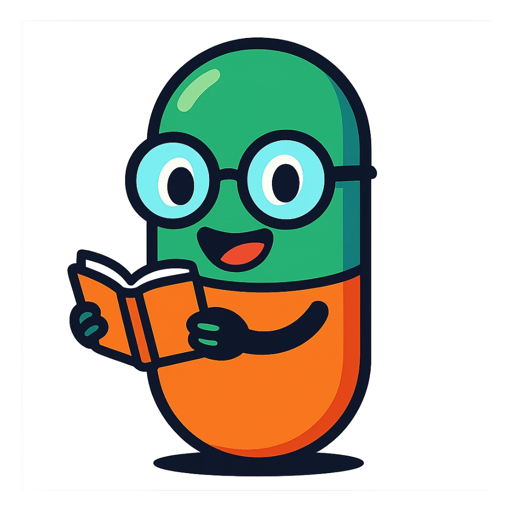 A smiling capsule pill with big round glasses, holding a tiny open book, cartoon style, vibrant colors, pill is green and orange sticker