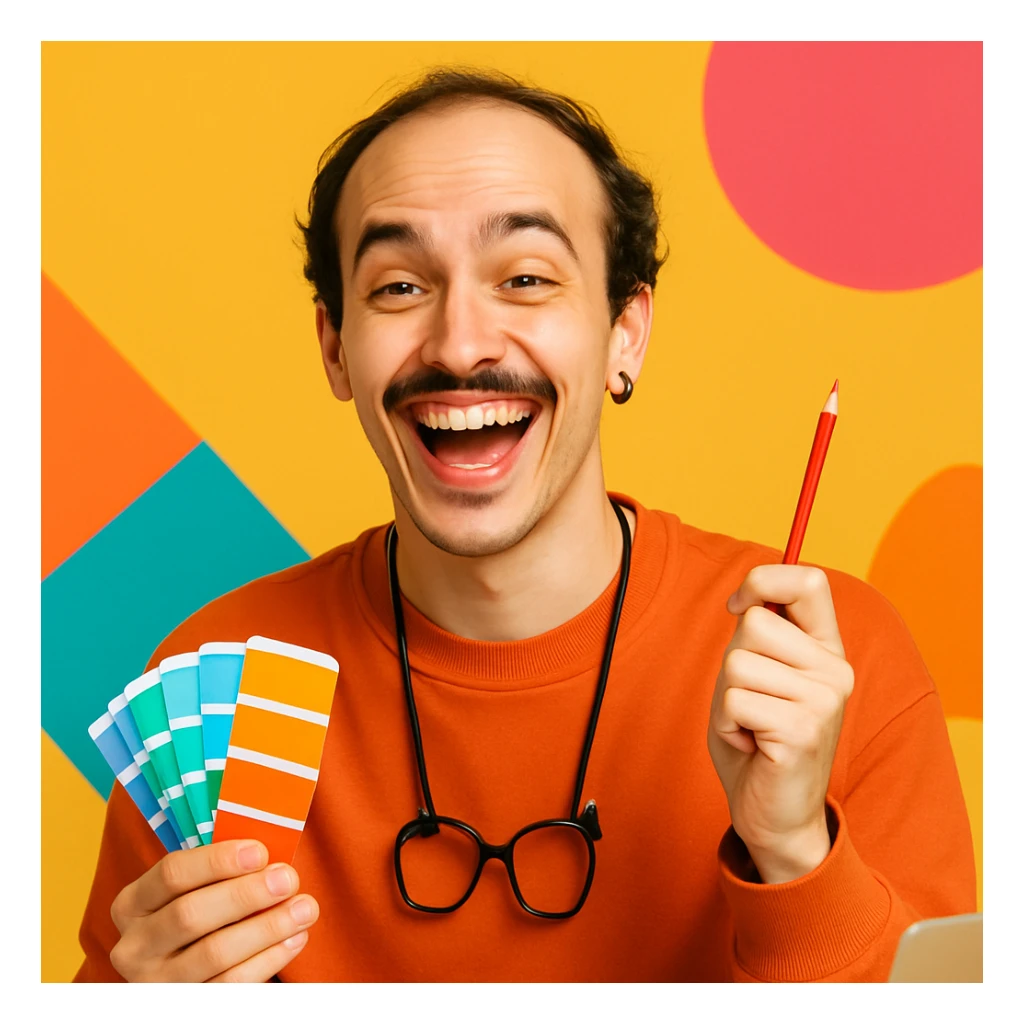 Happy 25 year old graphic designer, receding dark hair, thin moustache, black earring on left, expressive face, modern style sticker