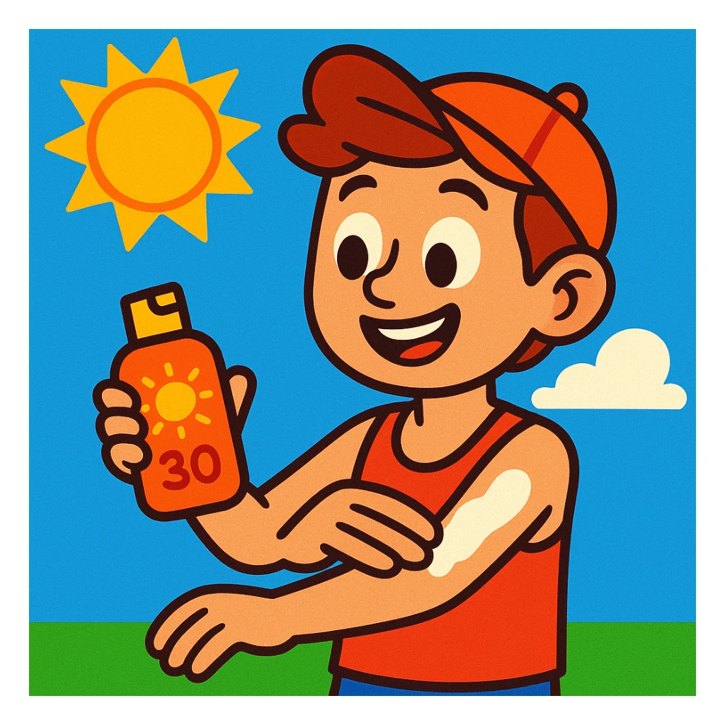 bright cartoon style of a boy applying sunscreen on his arm sticker
