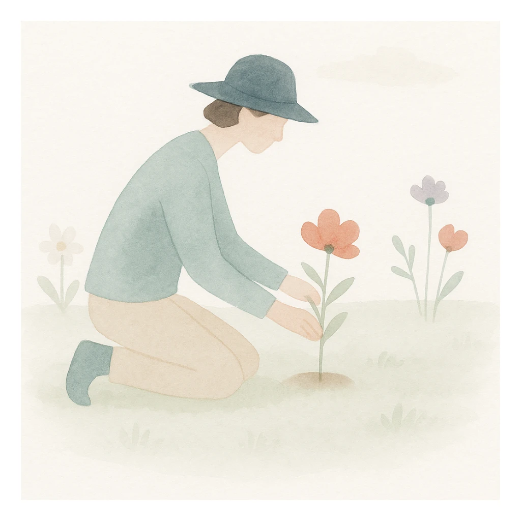 soft watercolor illustration in a minimalist, modern style, person planting flowers in a field, pastel colors, delicate linework, gentle whimsical mood, minimal soft shading sticker