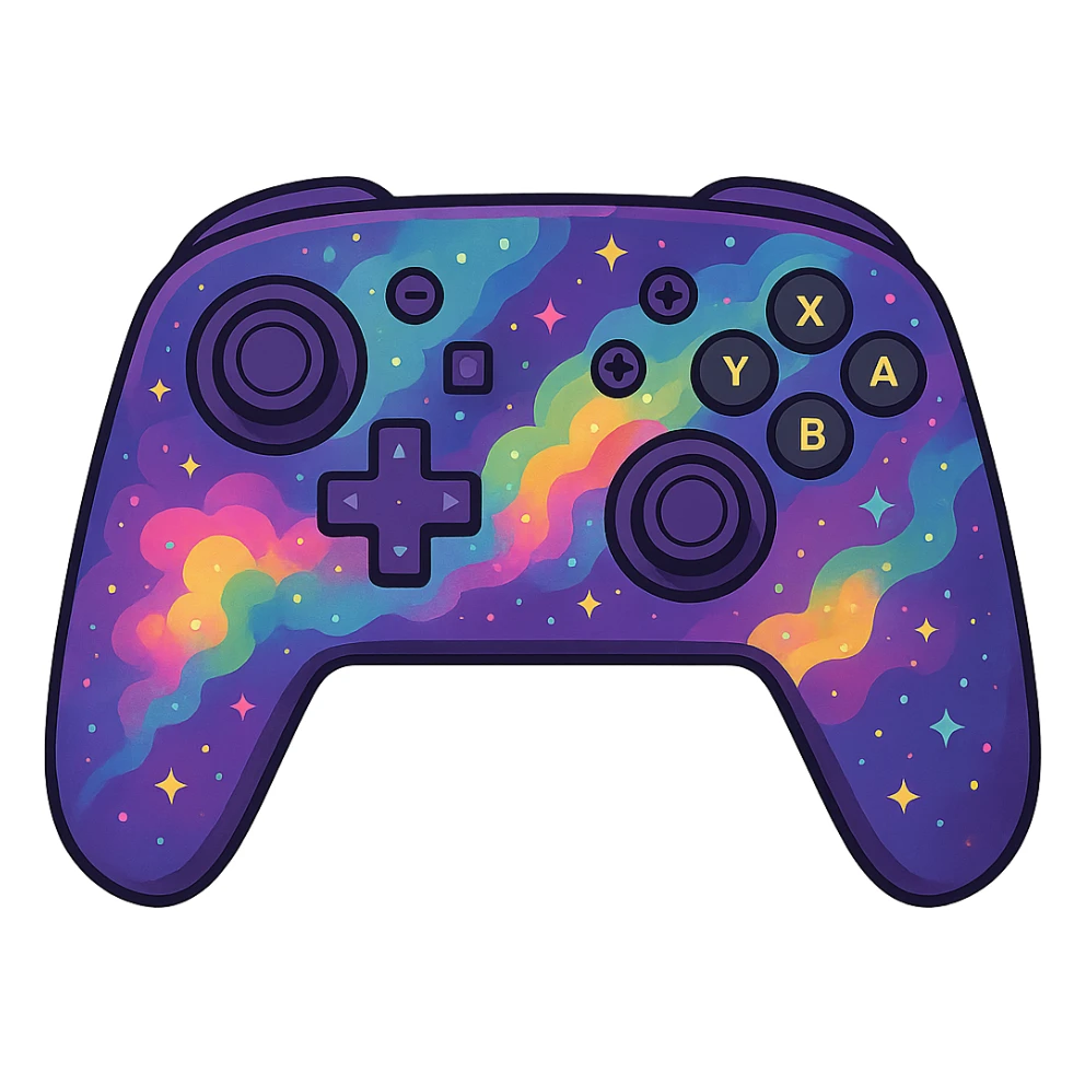 Nintendo Switch Pro controller decorated with a purple and rainbow galaxy pattern, glowing nebula effects, dreamy and colorful sticker