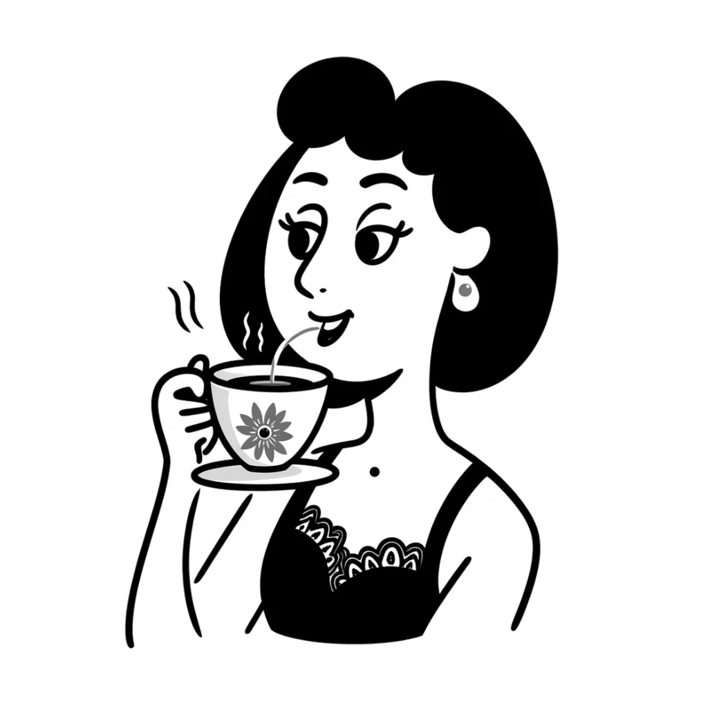 woman giving side eye while sipping hot tea with her pinky up, hand-drawn doodle style sticker