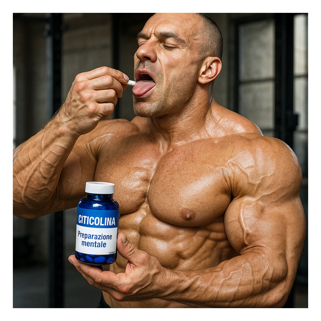 hyper realistic bodybuilder taking Citicolina before workout, well visible muscles, blue bottle, text 'Preparazione mentale', sporty atmosphere, realistic details sticker