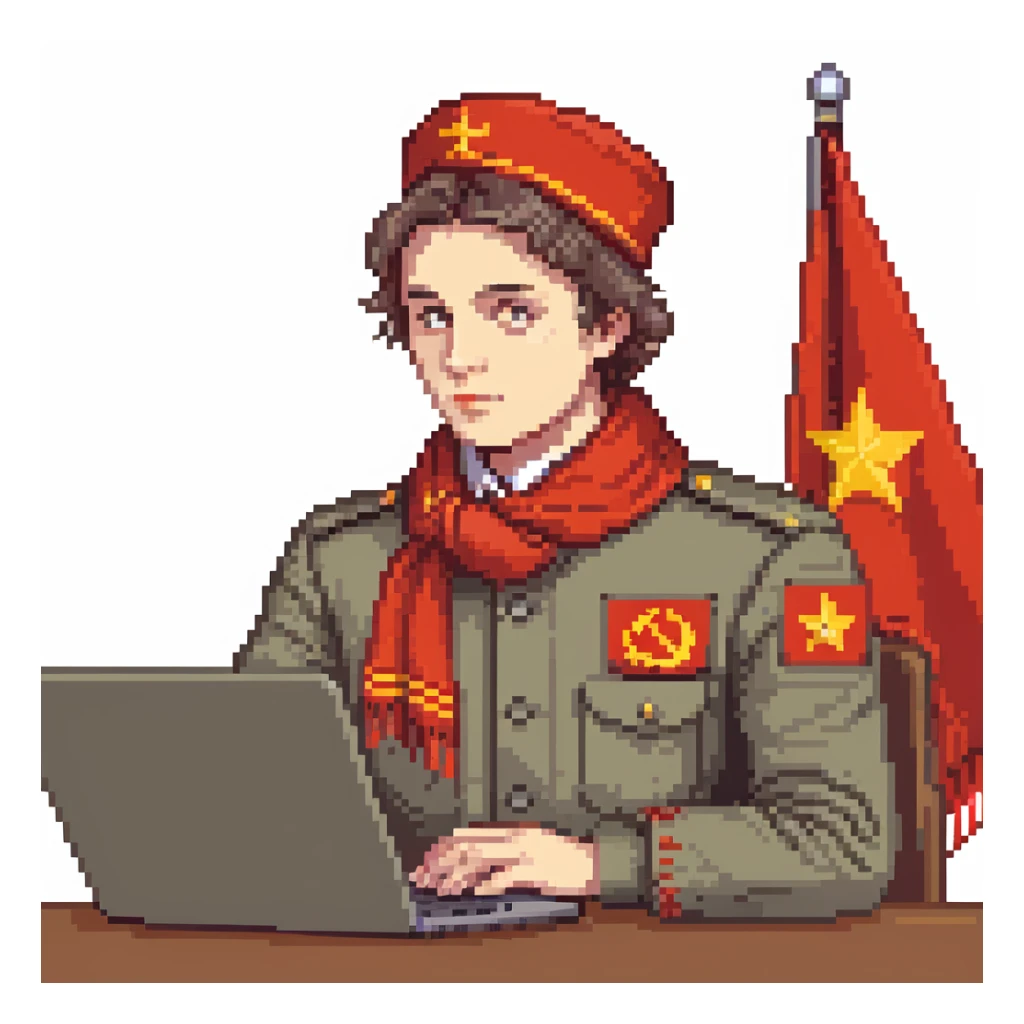 Young Soviet pioneer with red scarf and uniform using a laptop sticker