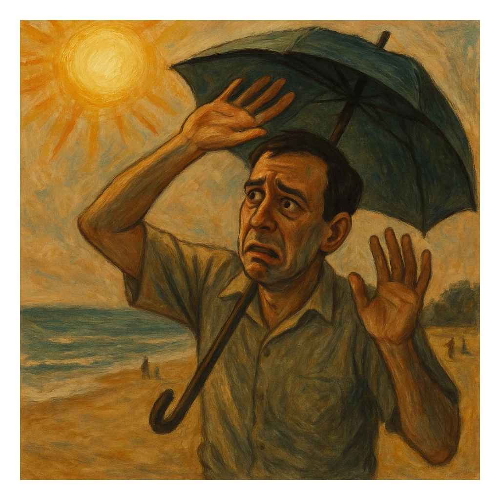 Create a symbolic, semi-realistic outdoor scene (beach or park) featuring a man with expressive, worried body language. The man is raising his hands or using an umbrella or large hat to block natural, warm sunlight. He looks uncomfortable or fearful, as if trying to protect himself from the sun. Use muted colors and an expressive, semi-realistic style symbolizing misunderstanding about sunlight and health. Use the reference image for facial features and general appearance. sticker