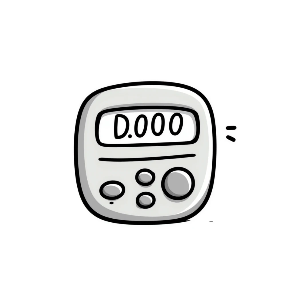 A gym interval timer/stopwatch with display and buttons in pastel colors (dd9fb0, ffc6d3, a3bfc9, c4bee2, f1b091), hand-drawn doodle style sticker