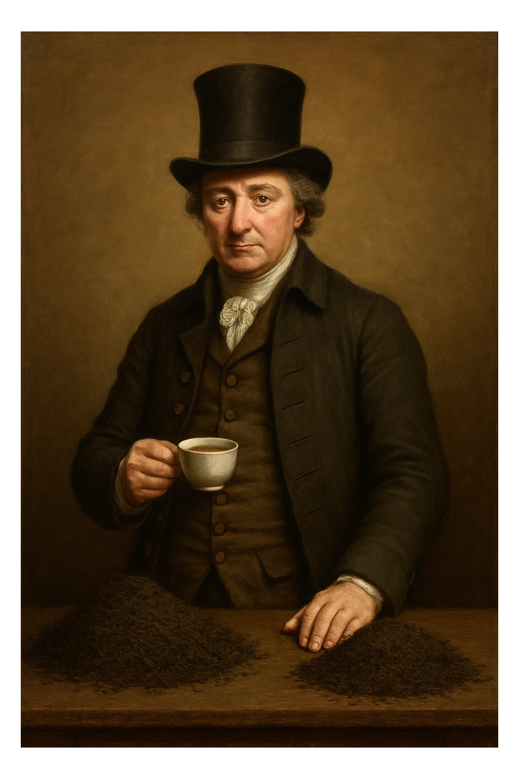 Сгенерируй мне британского предпринимателя 18 век, собирательный образ, в цилиндре, на однородном фоне. Он должен полностью помещаться в экран и не касаться краев изображения, и не обрезаться ими Он стоит за столом, на столе большие кучи росыпью чай, а сам он держит кружочку чая В СТИЛЕ РЕАЛИСТИЧНОЙ ЖИВОПИСИ sticker