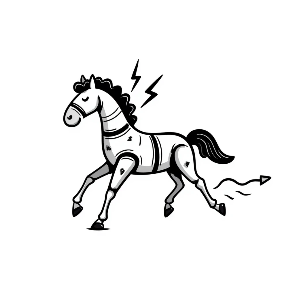 Sketchy electric horse made of metal plates and electrical wires, with lightning bolts shooting off as it gallops at high speed sticker