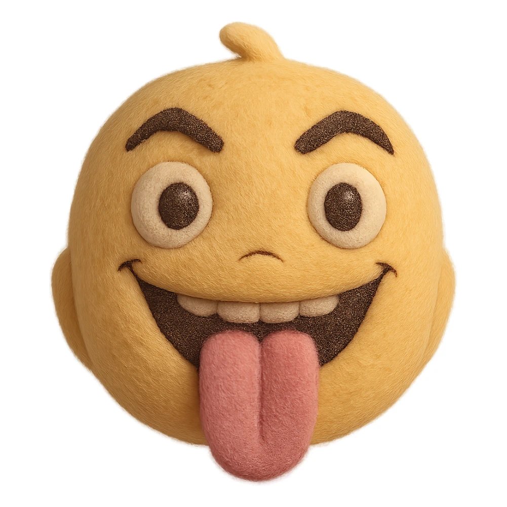 Make this crazy emoji more human with realistic skin texture, human-like eyes and mouth, keep the wild expression, 3D plush portrait style, front facing, transparent background. sticker