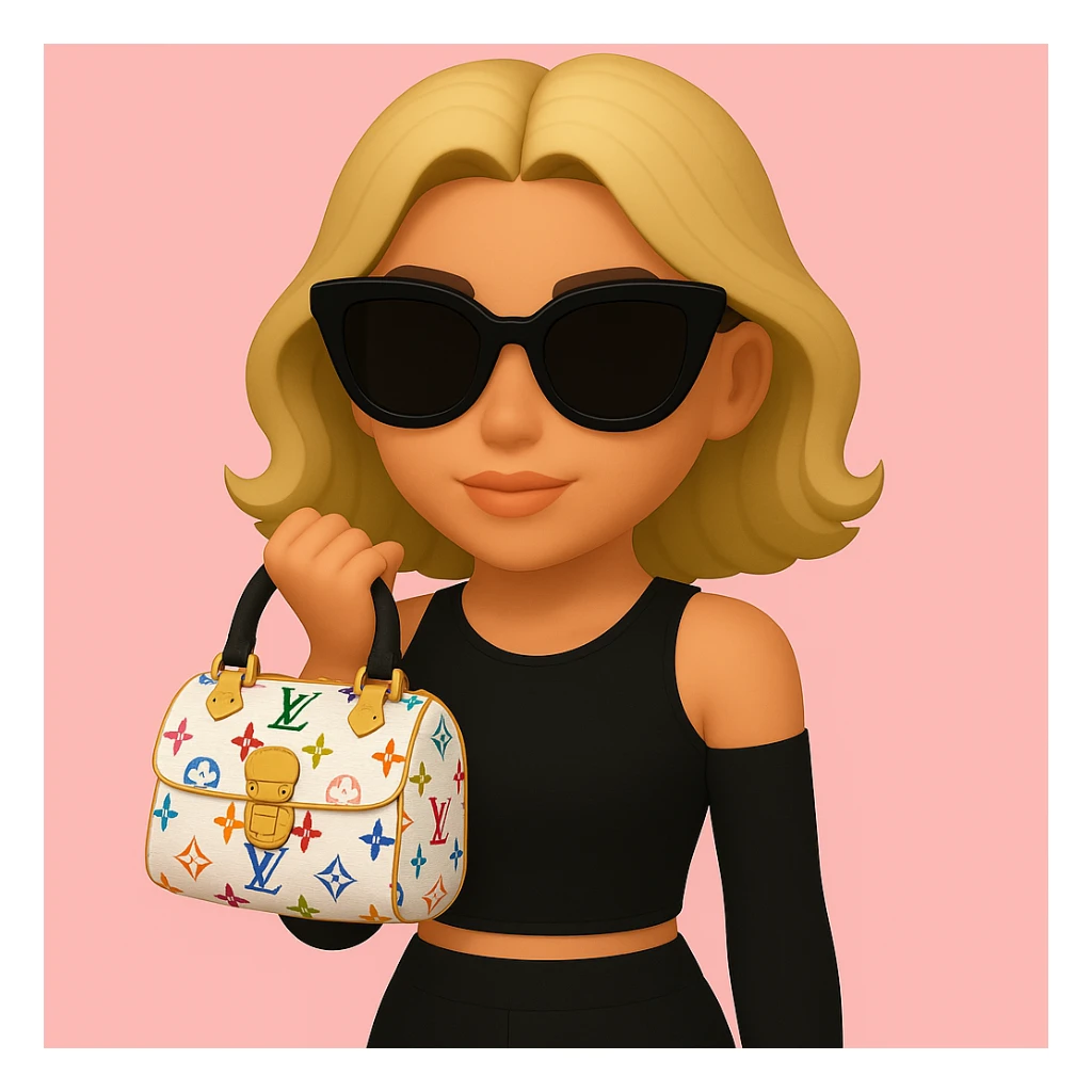 Remove all jewelry, make her lips a lighter pink, adjust her skin tone to be slightly more tan, and change the Louis Vuitton bag to a Speedy 30 Multicolore in white with rainbow monogram. Keep the pink background and sunglasses. sticker