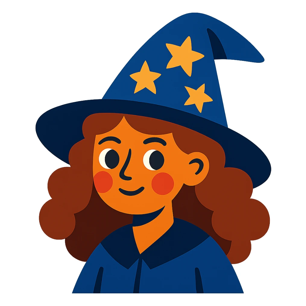 witch with caramel brown curly hair, wearing a starry hat sticker
