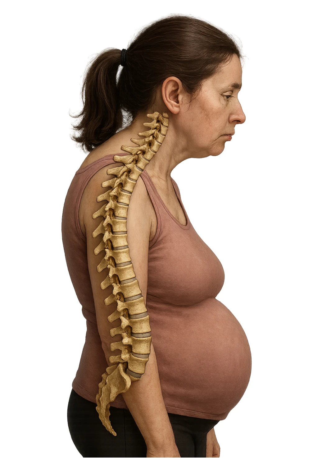DONNA DI PROFILO CON LA POSTURA SBAGLIATA, SPINA DORSALE UMANA ANATOMICA REALISTICA IN EVIDENZA, LA PANCIA IN FUORI E LE SPALLE CHIUSE sticker