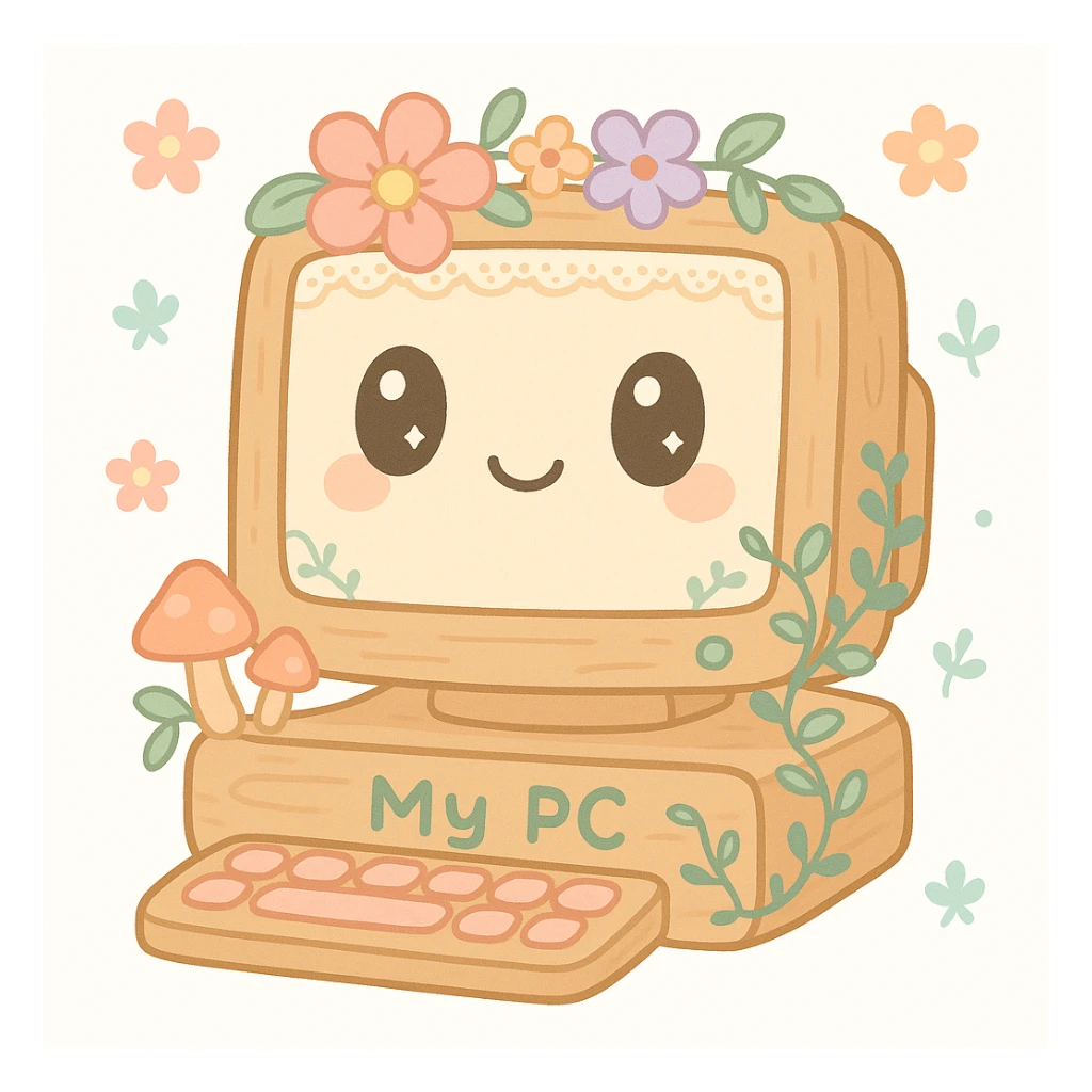 whimsical 'My PC' icon reimagined in cottagecore style: cozy wooden computer with floral accents, soft pastel colors, nature-inspired details like mushrooms, vines, and lace, blending technology with rustic, homey aesthetic sticker