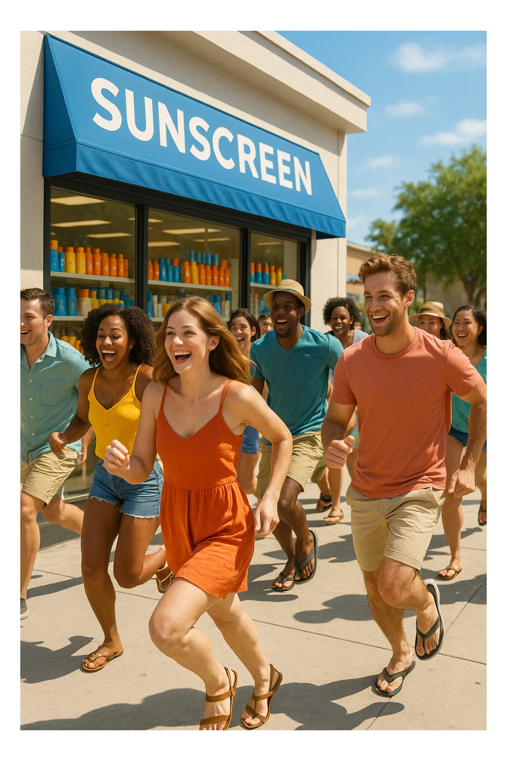 tante persone che corrono a comprare le creme solari sticker