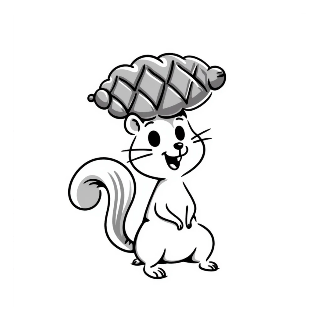 A greedy little squirrel with a large pine cone balanced on top of its head, making a strange, creepy expression sticker