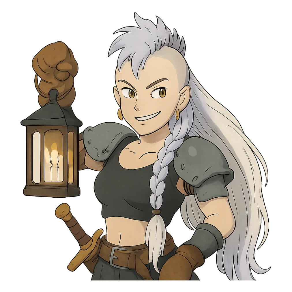 A sword maiden, mohawk, long braid white hair with lavender and tips long l locks cascading to the front, gold yellow eyes, black crop top, brandishing a lantern. Mischievous smirk sticker