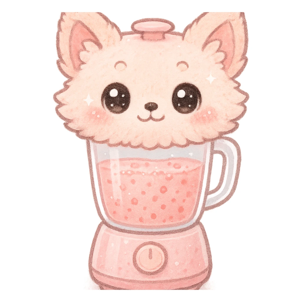 soft kawaii fluffy fox blender with transparent body and fruity smoothie inside, sparkling eyes, pastel pink, full-body sticker