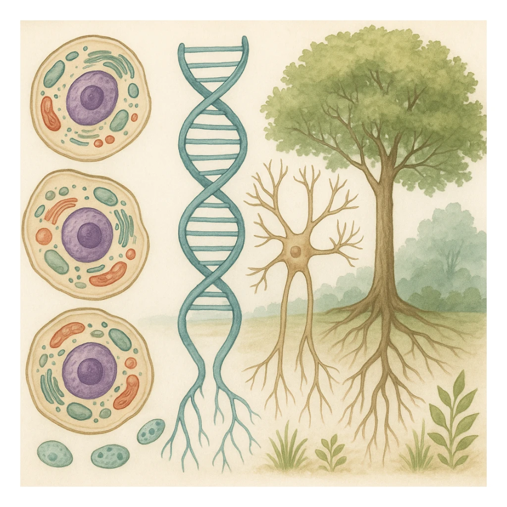 A realistic biological illustration (like in a school book) showing: DNA strands transitioning into a tree, cells with visible organelles, neurons connected to plant roots  and a balanced ecosystem background . Seamless integration, no labels or borders. Scientific color scheme, detailed but minimalist. sticker