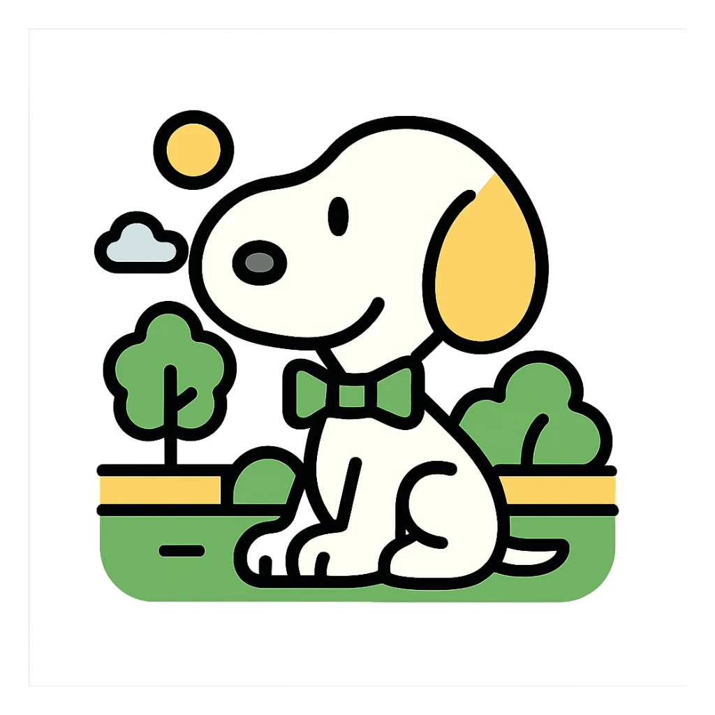 Snoopy, outlined and colorful, with a green bowtie, with a park background sticker
