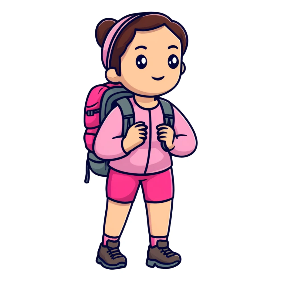 woman wearing pink clothes with hiking backpack sticker