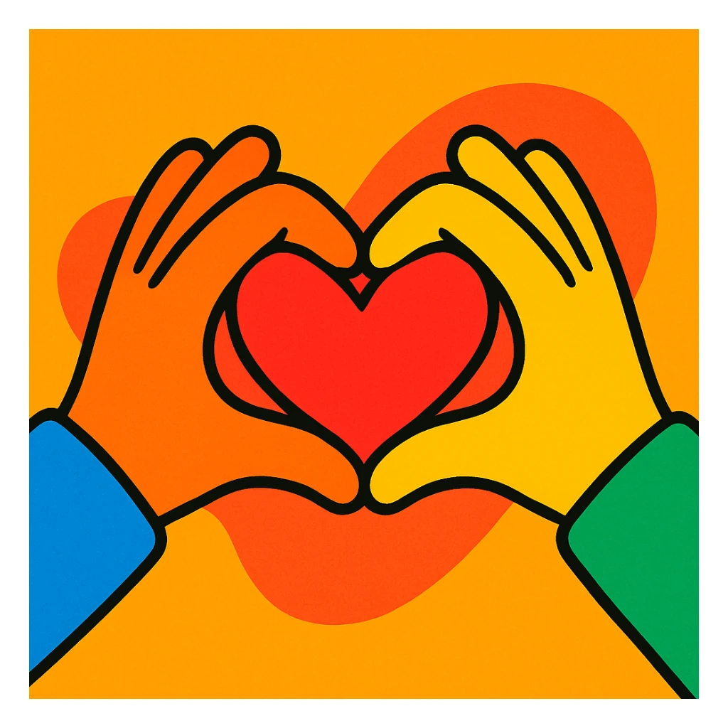 two hands forming a heart shape, symbolizing love, modern cartoon style sticker