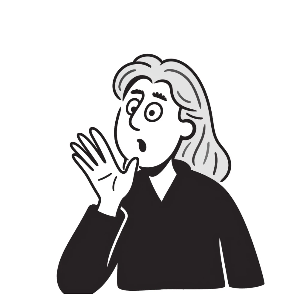 old woman with semi blond hair with hand that close mouth sticker