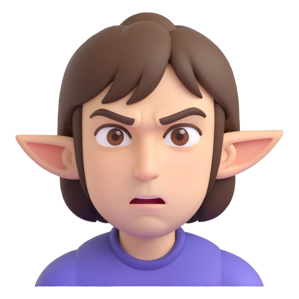 A man with brown hair and brown eyes, a little angry but kind at the same time. He has a bob-style hairstyle that covers his ears, has bangs in front of his eyebrows, and white skin. sticker