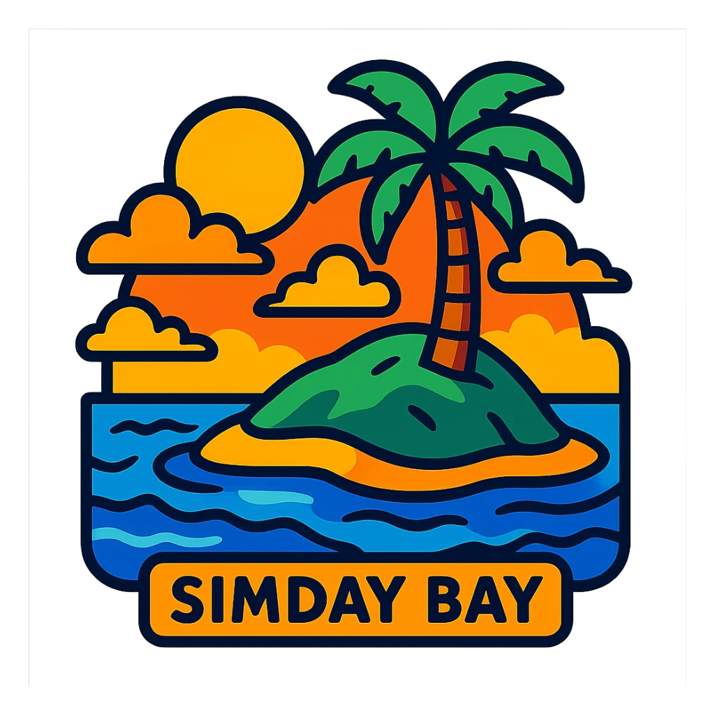 SimDay Bay with an island, vibrant toon style, bright colors sticker