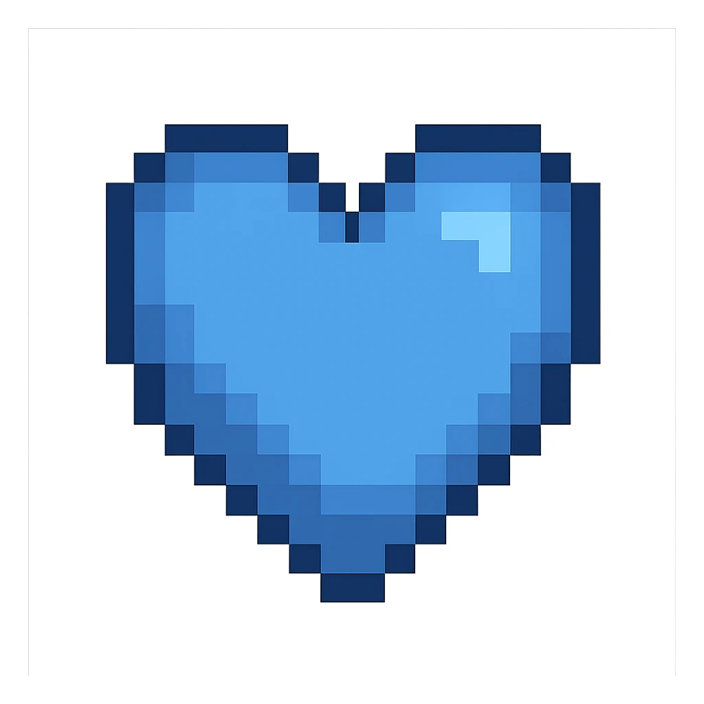 Create a pixel art heart in blue color with no background. The style should resemble pixel art. sticker