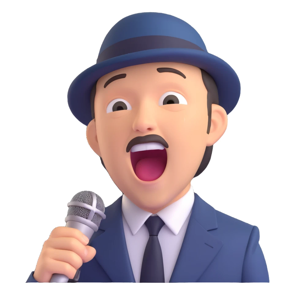 Ruben Blades emoji, singing into a microphone, expressive face, classic suit sticker