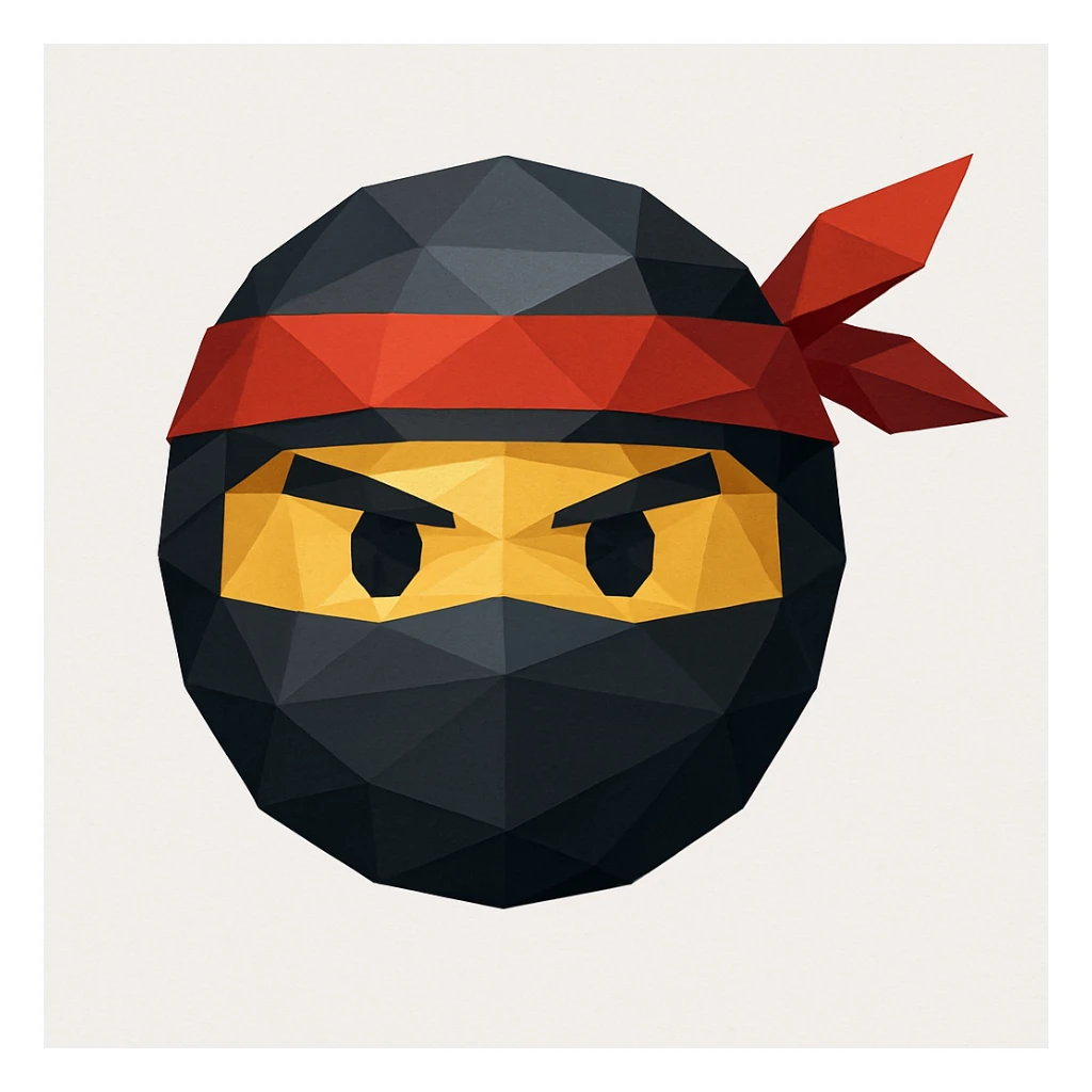 ninja emoji with masked face and red headband, low-poly geometric shapes, modern look, polygonal icon style sticker